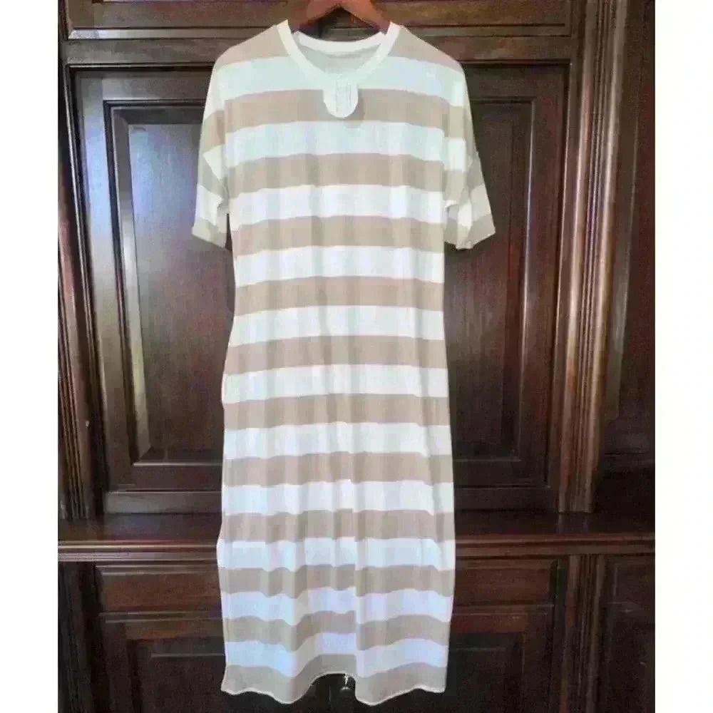 NEW WITH TAGS! BomBom Dress (Size Small) Tan & White & Striped / Pockets!
